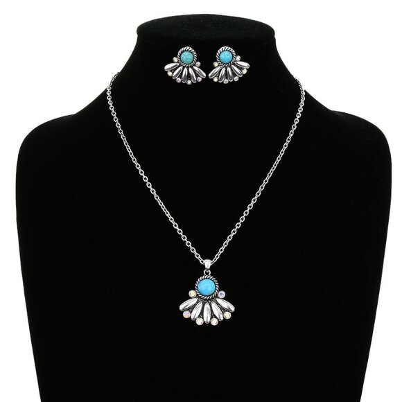 Turquoise Crystal Bling Concho Stone Necklace Earrings Western Cowgirl SET NEW - Picture 3 of 5